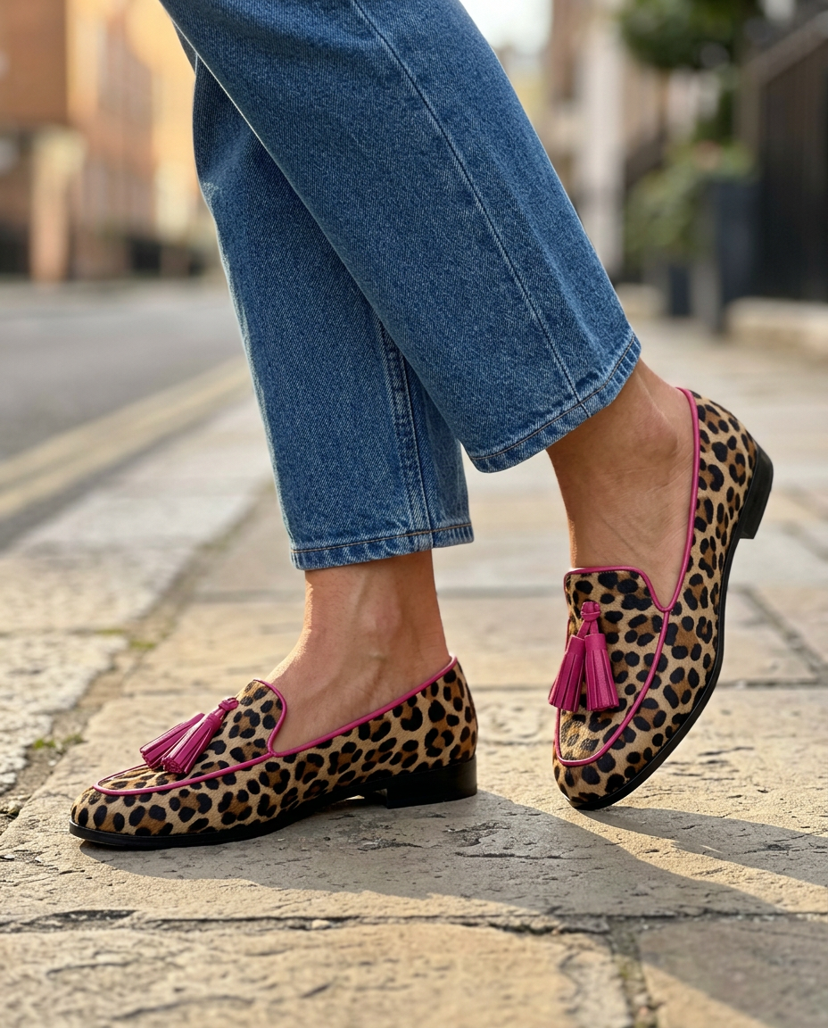Fiamma Moccasin — Leopard Print with Fuchsia Trim and Tassels
