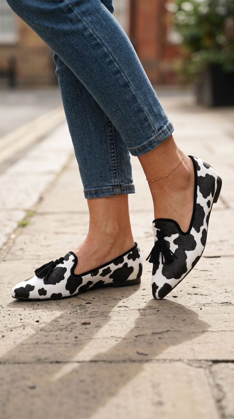 Ginevra Moccasin — Black and White Cow Print, Black Tassels