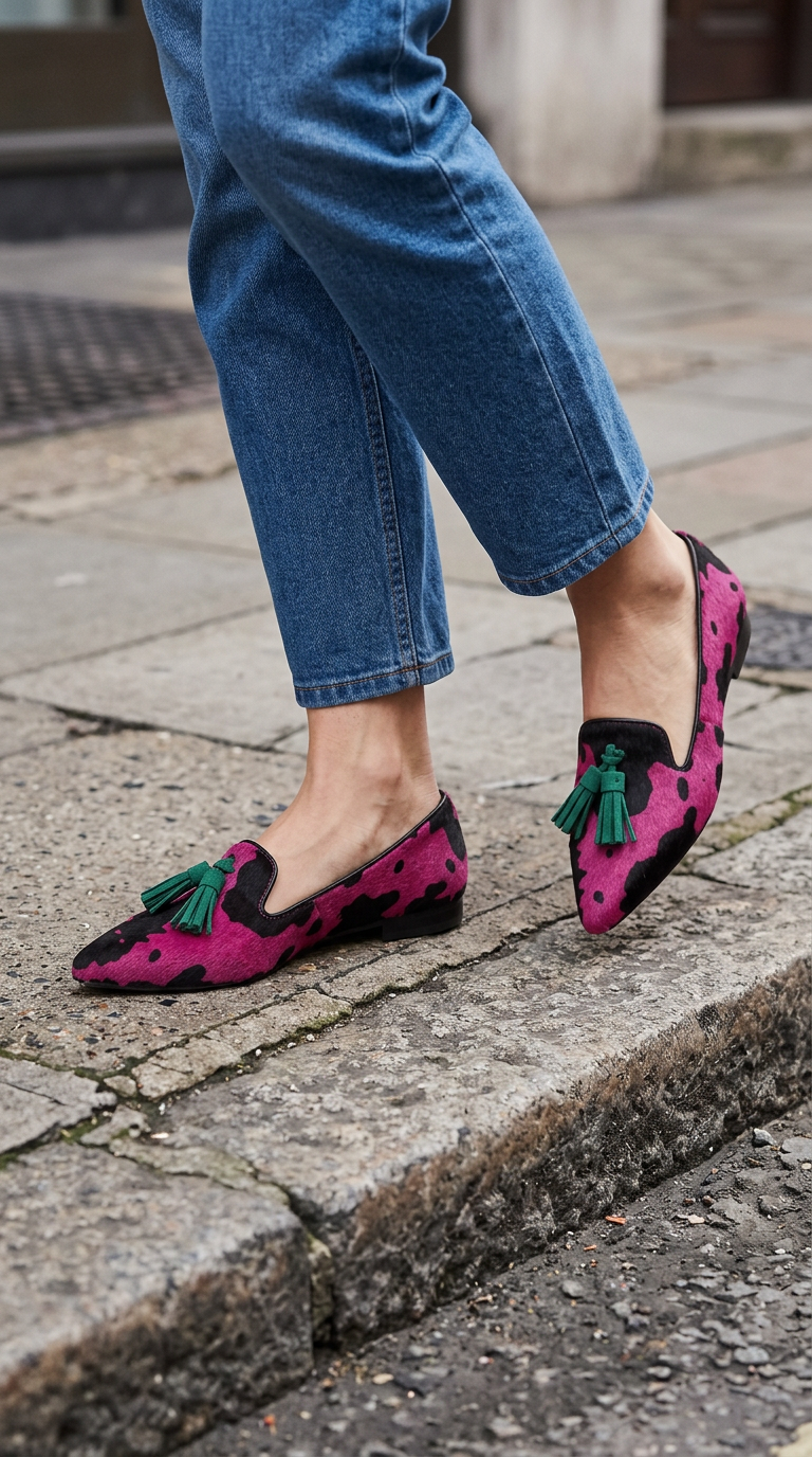 Ginevra Moccasin — Fuchsia Cow, Green Tassels