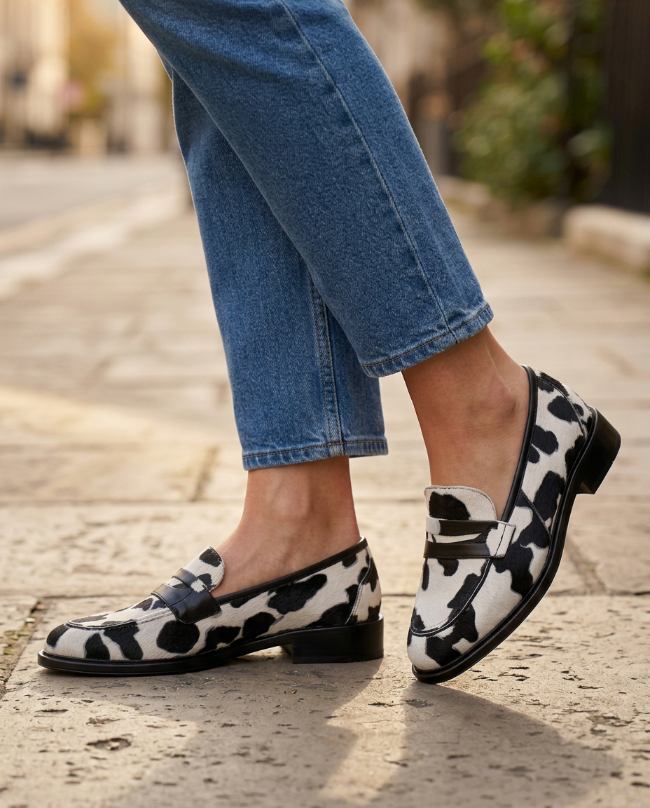 Nives Moccasin — Cow Print with Penny Loafer