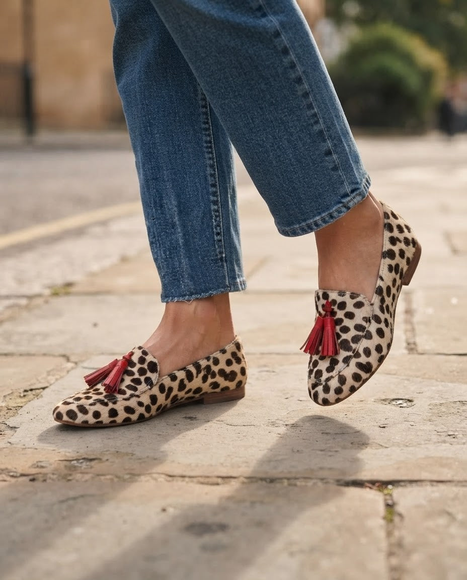 Aurora Moccasin — Cream Polka Dots, Red Tassels