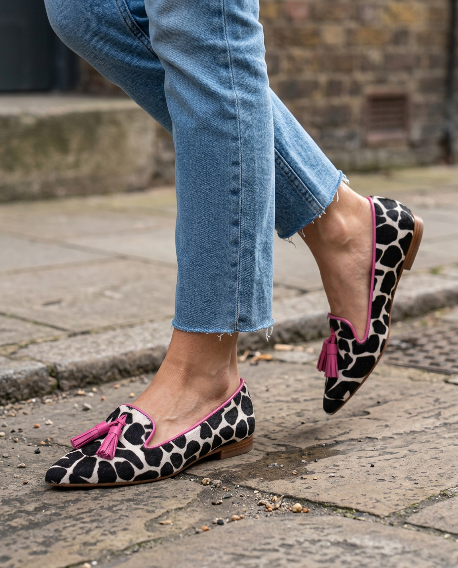 Ginevra Loafers — Black and White Cow Print, Pink Tassels