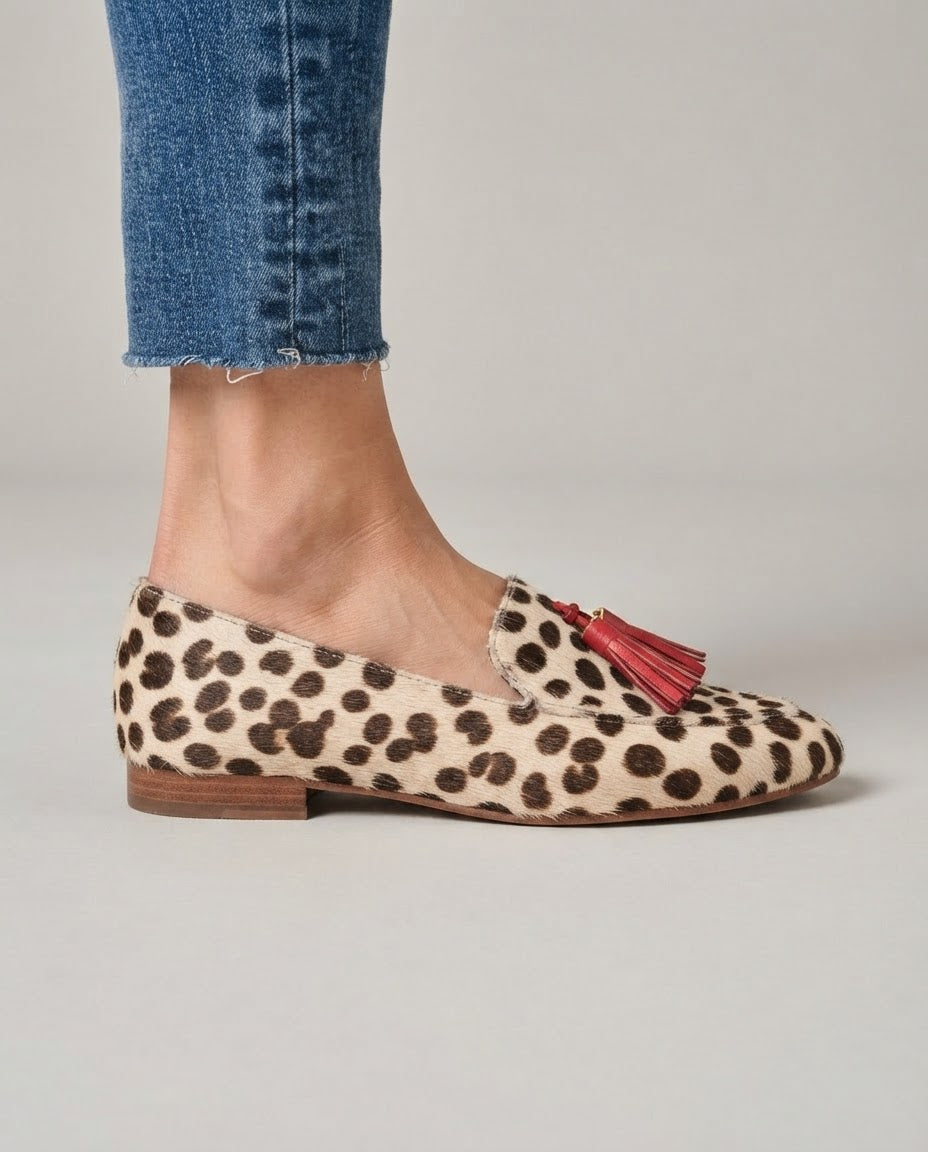 Aurora Moccasin — Cream Polka Dots, Red Tassels