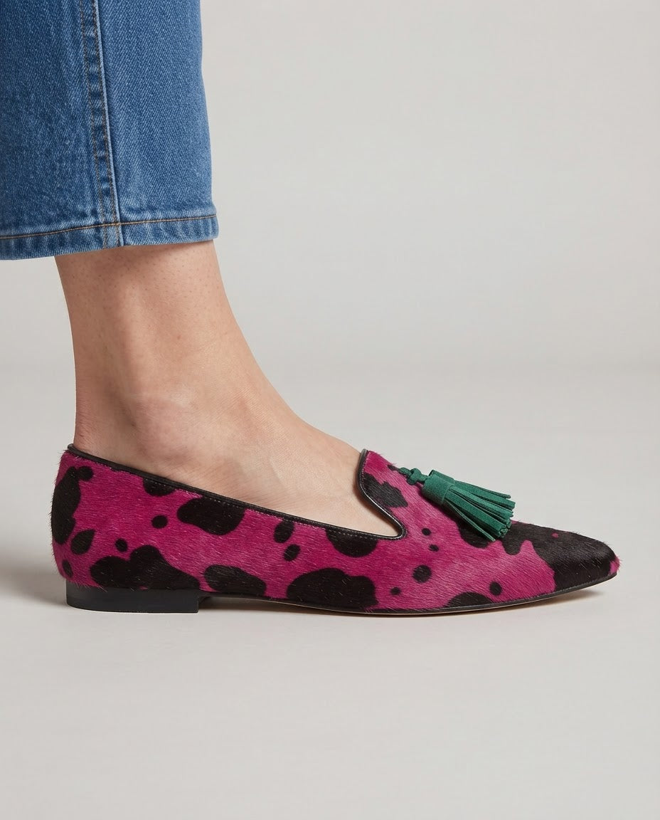 Ginevra Moccasin — Fuchsia Cow, Green Tassels