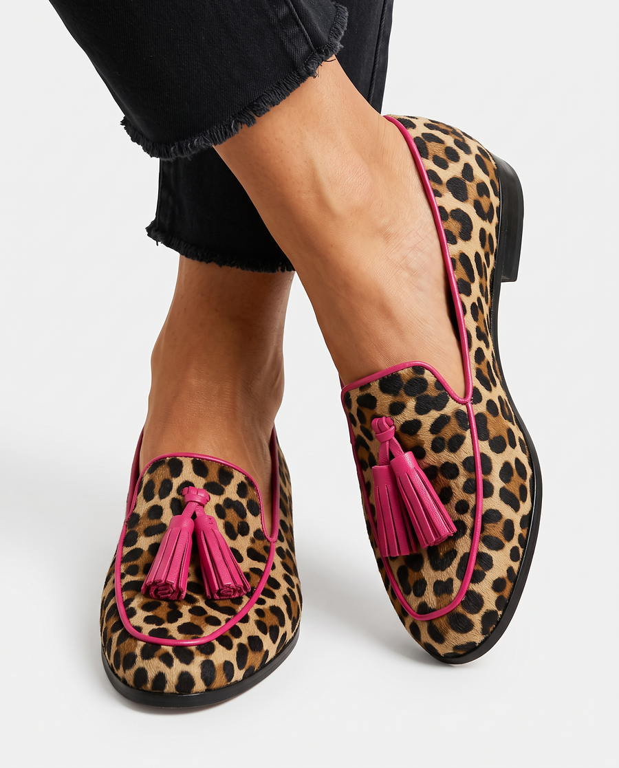 Fiamma Moccasin — Leopard Print with Fuchsia Trim and Tassels