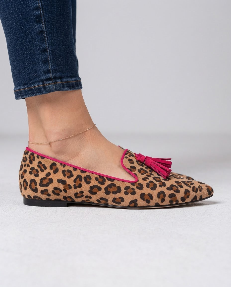 Ginevra Moccasin — Suede Leopard Print, Fuchsia Tassels