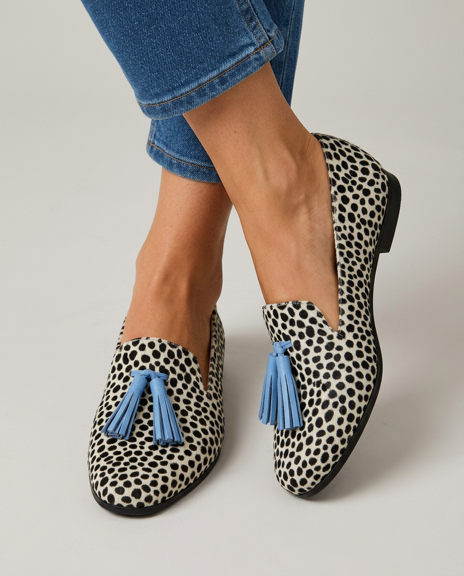 Nadia Moccasins — Black and White Leopard with Light Blue Tassels