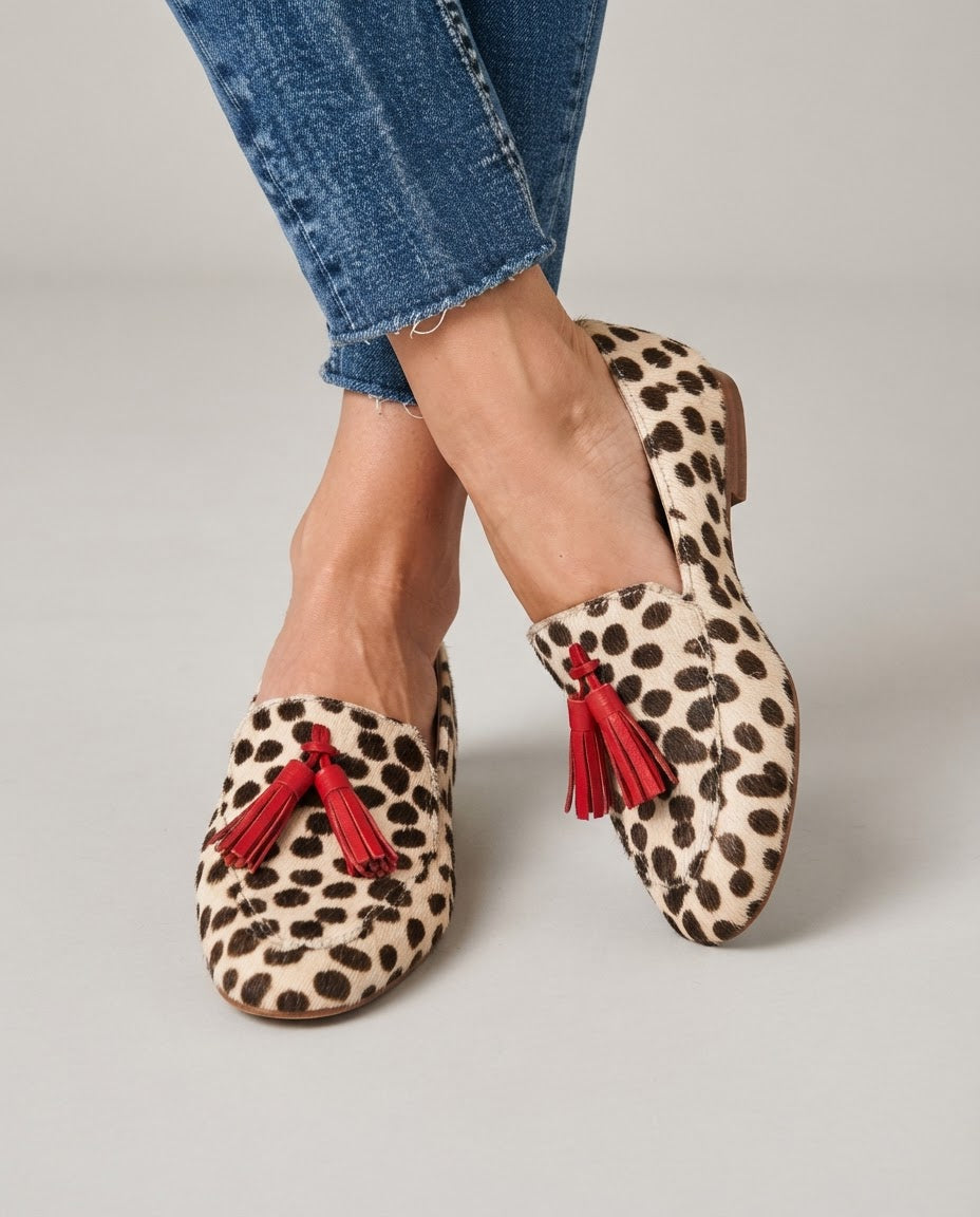 Aurora Moccasin — Cream Polka Dots, Red Tassels
