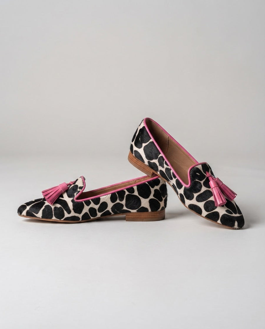 Ginevra Loafers — Black and White Cow Print, Pink Tassels