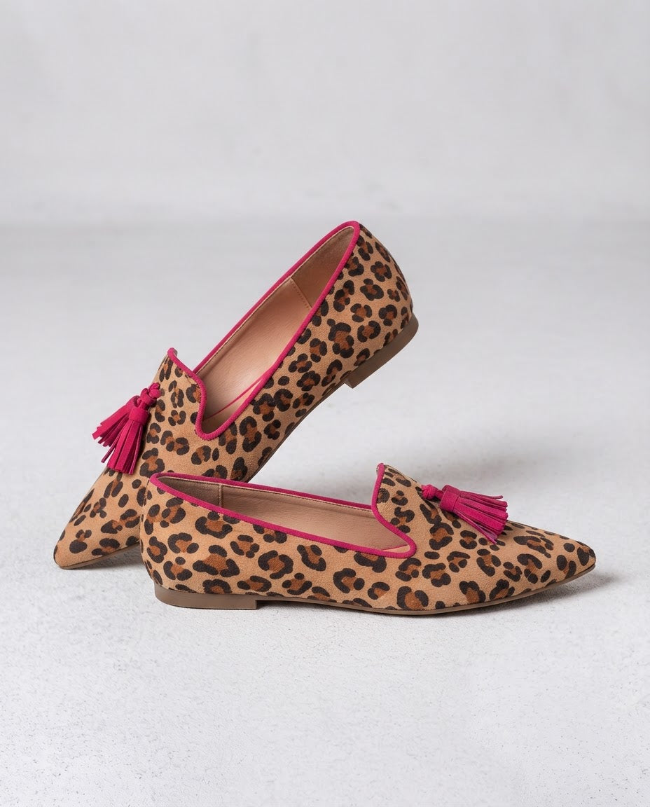 Ginevra Moccasin — Suede Leopard Print, Fuchsia Tassels