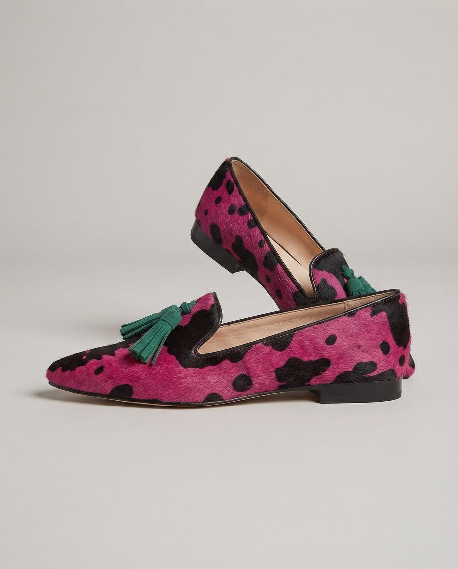 Ginevra Moccasin — Fuchsia Cow, Green Tassels